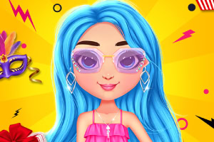 A vibrant cartoon character with long blue hair, stylish purple sunglasses, and a pink outfit, set against a bright yellow background with playful elements like lightning bolts and decorative items