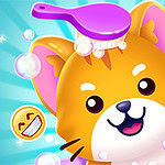 A cheerful cartoon cat with a bright orange coat, wearing a purple brush on its head, is surrounded by colorful bubbles and set against a playful blue background