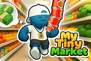 A cartoon character with a blue skin tone is happily carrying several cans of tomatoes in a grocery store aisle filled with colorful fruits and vegetables, accompanied by an icon of cash