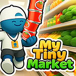 A cartoon character with a blue skin tone is happily carrying several cans of tomatoes in a grocery store aisle filled with colorful fruits and vegetables, accompanied by an icon of cash