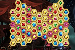A colorful hexagonal grid filled with variously shaped gems in shades of red, blue, green, and purple