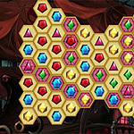 A colorful hexagonal grid filled with variously shaped gems in shades of red, blue, green, and purple