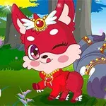 A cute, animated red fox character with a jeweled crown and collar, playfully winking and standing in a colorful forest scene