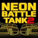 A vibrant graphic featuring the title Neon Battle Tank 2 in bold yellow letters above two outlined tank illustrations, set against a dark background