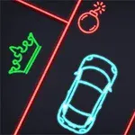 A neon-style illustration featuring a blue car surrounded by a green crown, a yellow star, and a red bomb icon, all set against a dark background