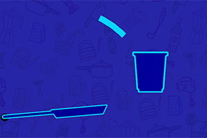 A simple blue outline of a frying pan and a cup against a dark blue background with faint kitchen-related illustrations