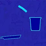 A simple blue outline of a frying pan and a cup against a dark blue background with faint kitchen-related illustrations