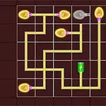 A circuit diagram featuring yellow wires connecting light bulbs and a green battery, set against a dark grid background