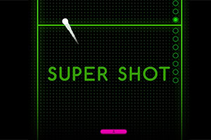 A digital display featuring the words SUPER SHOT in green text against a dark background, with a white ball in motion and a pink bar at the bottom