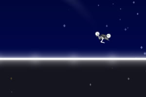 A stylized figure is flying against a dark, starry background, with a bright white horizon line creating a stark contrast