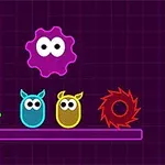 A colorful digital illustration featuring quirky, cartoonish characters: a purple blob with eyes above three smaller creatures in blue, yellow, and green, all set against a dark grid background