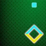 An abstract design featuring a small blue square above a larger diamond shape composed of blue, yellow, and white lines, set against a textured green background