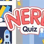 An engaging graphic featuring the words NERD Quiz in bold, colorful typography, surrounded by playful illustrations of gaming, science, and pop culture elements