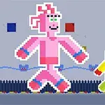 A colorful pixel art scene featuring a large pink character and a smaller yellow character on a whimsical background with geometric shapes and playful elements