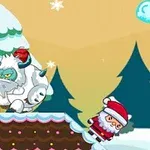 A whimsical winter scene featuring a cartoonish Santa Claus sliding down a slope while being pursued by a Yeti, amidst snow-covered trees and a festive background