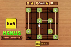 Wooden puzzle interface showing a 6x6 grid with numbered green tiles and a cursor on a wood-textured background, with 6x6 and NEXUS labels on the left