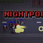 A retro-style pixelated game scene featuring characters engaged in a shootout on a street, with the title NIGHTPOINT