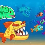 A colorful underwater scene featuring a cartoonish yellow fish with a fierce grin and sharp teeth, surrounded by smaller, playful fish, with the title Nimble Fish prominently displayed at the top