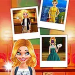 A vibrant digital collage featuring a blonde character with a cheerful expression, surrounded by polaroid-style frames showing her in various outfits and settings, set against a colorful background