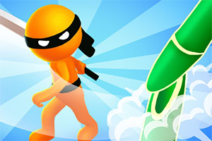 A stylized orange character wearing a mask and wielding a sword walks confidently through a vibrant, dynamic background featuring blue skies and a large green bamboo shoot