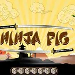 The image features a colorful video game interface titled Ninja Pig, showcasing a cartoon pig character on a platform, a green creature, and stylized backgrounds with clouds and Japanese-inspired elements