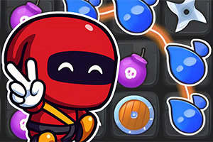 A cartoonish red ninja character making a peace sign beside colorful game icons, including blue water droplets and other symbols