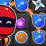 A cartoonish red ninja character making a peace sign beside colorful game icons, including blue water droplets and other symbols