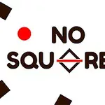 A playful graphic featuring the text NO SQUARES with a diamond shape, surrounded by brown squares and red circles against a white background