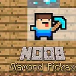 A pixelated character holding a diamond pickaxe, with the text NOOB displayed below, set against a wooden background, suggesting a gaming theme