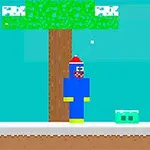 A colorful retro-style pixel art scene featuring a blue character with a smiling face and a red hat standing beside a green block and an orange key, under a stylized tree against a blue sky with snowflakes