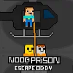 The image shows a pixel-art style scene featuring a helicopter and a character being rescued, with two yellow characters standing below, alongside the title NOOB PRISON ESCAPE DOGGY prominently displayed at the bottom