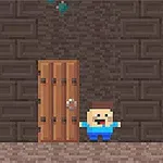 A pixelated character with a cheerful expression stands next to a wooden door set against a textured brown wall in a 2D game environment