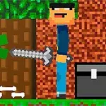 A pixelated scene depicting a character wielding a sword next to a tree, with a green creature holding the sword, skulls and bones in the foreground, and a treasure chest nearby, reminiscent of a block-based adventure game