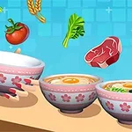 An animated scene featuring three decorative bowls on a table, with various food items like a tomato, broccoli, and meat flying above them, set against a bright blue background