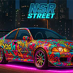 A brightly colored sports car featuring a vibrant graffiti-style design, set against a night city backdrop with illuminated buildings