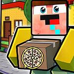 A blocky character with a square head, wearing a green hat and yellow sleeves, is joyfully holding a pizza box decorated with pepperoni slices, set against a colorful neighborhood backdrop