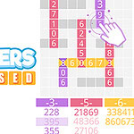 A colorful grid with various numbers in red, blue, purple, and pink blocks, featuring a hand icon pressing on a highlighted number, alongside the title NUMBERS CROSSED in bold and playful typography