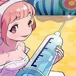 A cute anime-style girl with pink hair and angelic features holds a large syringe, set against a colorful, playful background