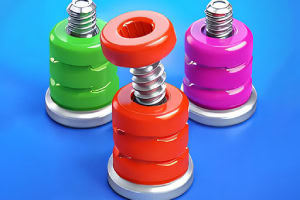 Three colorful dumbbells in green, red, and pink with metallic springs, set against a blue background