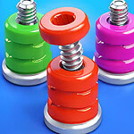 Three colorful dumbbells in green, red, and pink with metallic springs, set against a blue background