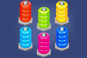 A colorful arrangement of six stacked bolts in red, orange, yellow, green, blue, and pink, set against a dark blue background