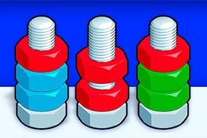 Three stacks of colorful hex nuts (red, blue, and green) threaded onto silver bolts against a blue background