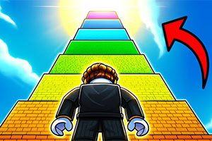 Rear view of a blocky character in a black suit facing a tall rainbow-colored staircase rising into a bright sky, with a large red curved arrow pointing upward