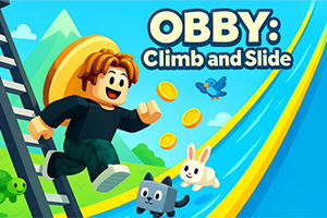 Cartoon boy jumping on a colorful obstacle course with slides, coins, and cute animal characters