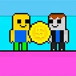 Two pixelated characters, one in a blue shirt and green pants and the other in a black suit, are joyfully holding a large yellow dollar sign coin against a bright blue and pink background