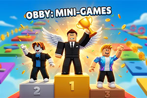 Three cartoon characters stand on a winners podium holding a gold trophy with confetti, a sky background, and the text OBBY: MINI-GAMES at the top