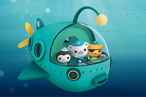 A colorful submarine with three animated characters inside, exploring an underwater scene