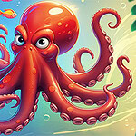 A vibrant red octopus with expressive eyes and multiple tentacles swims among colorful fish in a blue underwater scene