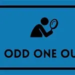 A blue sign featuring a black silhouette of a person holding a magnifying glass, accompanied by the text ODD ONE OUT below