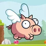 A cartoon pig with wings is flying over a colorful landscape featuring mushrooms and gems, evoking a whimsical and playful atmosphere